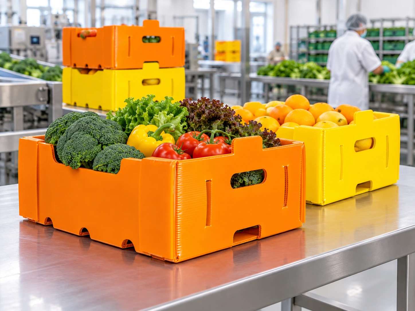 Caixas de PP Corrugado PoliDello® com hortifrútis em uma linha de processamento