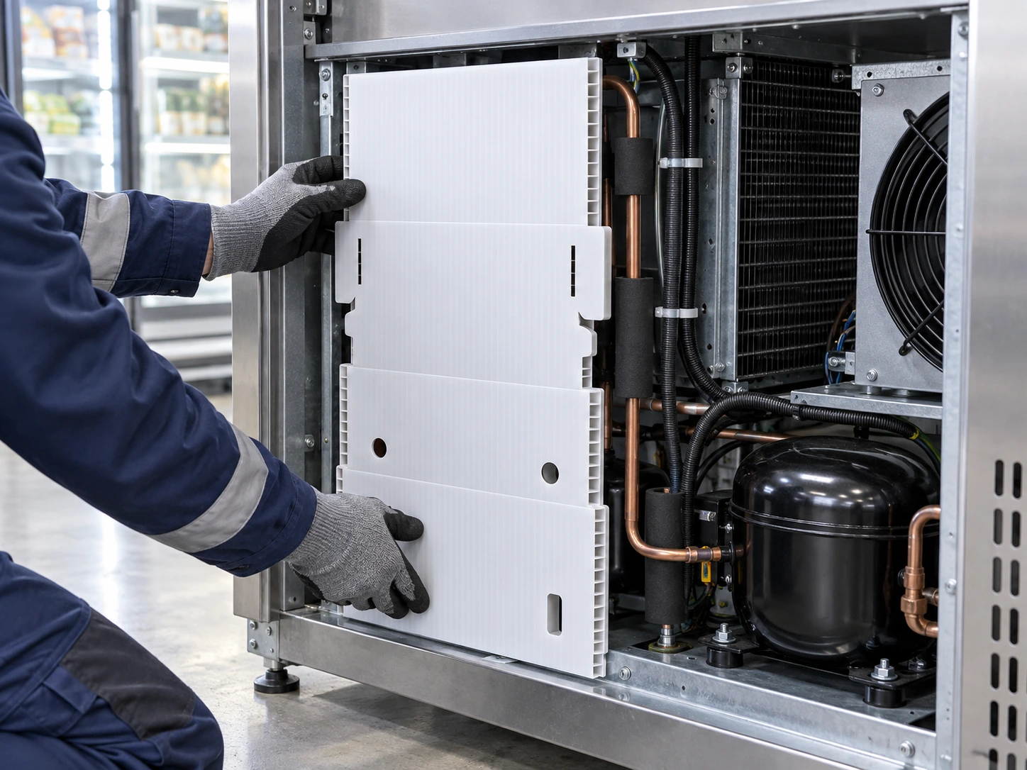 Técnico instalando um painel de PP Corrugado PoliDello® em um equipamento de refrigeração
